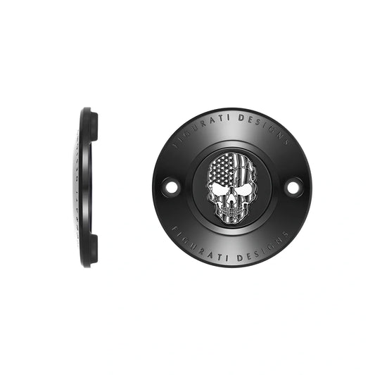 Tapa de distribución Harley-Davidson de acero inoxidable en color negro con calavera y bandera americana M8