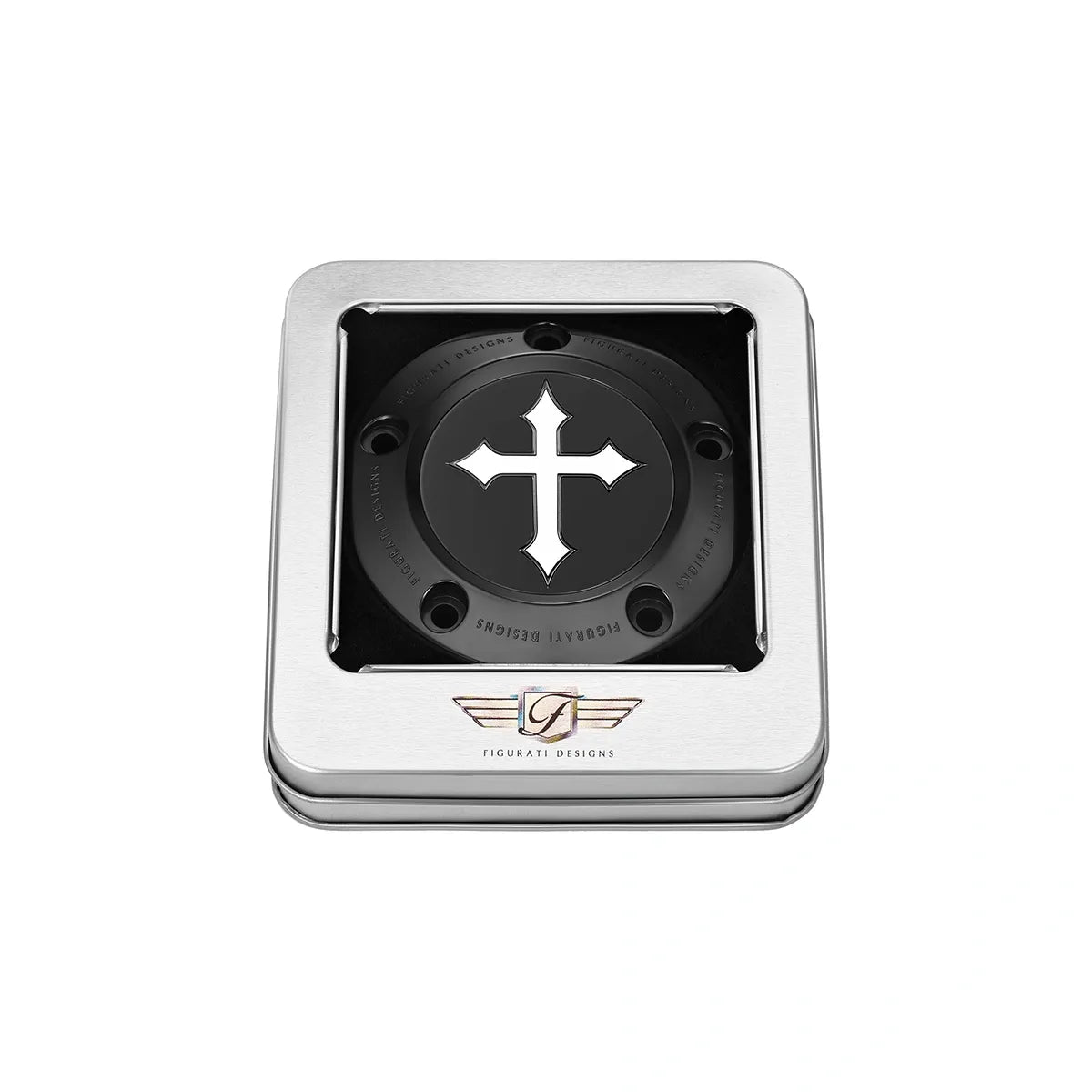 Tapa de distribución Harley-Davidson de acero inoxidable en Black Cross Twin Cam