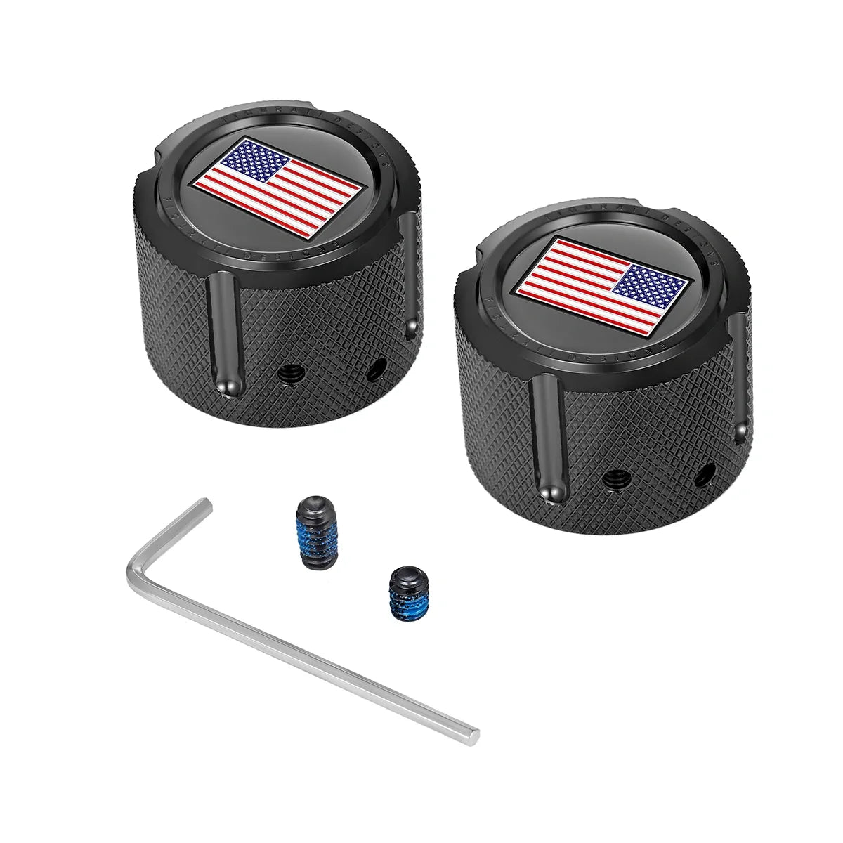 Harley-Davidson de acero inoxidable en negro, cubiertas personalizadas para tuercas del eje delantero, bandera estadounidense en rojo, blanco y azul, invertida