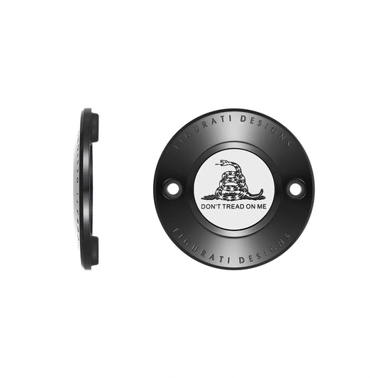 Tapa de distribución Harley-Davidson de acero inoxidable en negro Don't Tread on Me M8