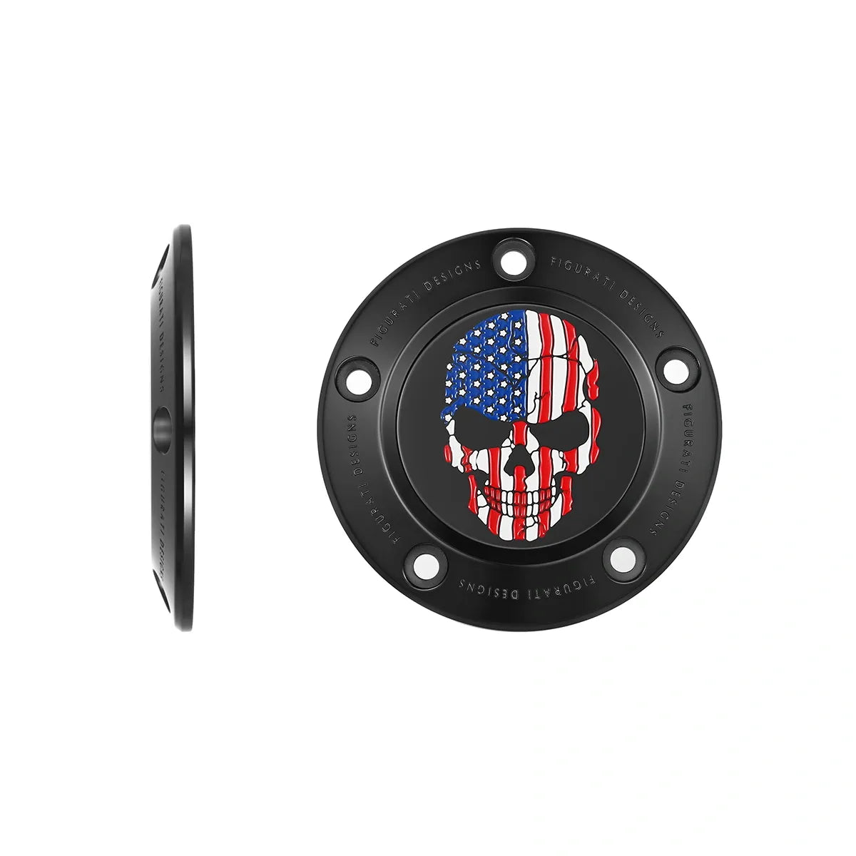 Cubierta de sincronización Harley-Davidson de acero inoxidable en negro, rojo, blanco y azul con calavera y bandera americana Twin Cam