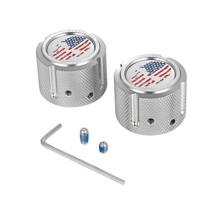 Harley-Davidson Stainless-Steel Custom Front Axle Nut Covers Red White and Blue American Flag Skull