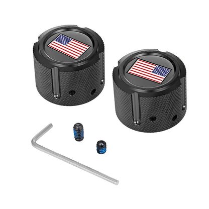 Harley-Davidson Stainless-Steel in Black Custom Front Axle Nut Covers Red White and Blue American Flag - Reversed