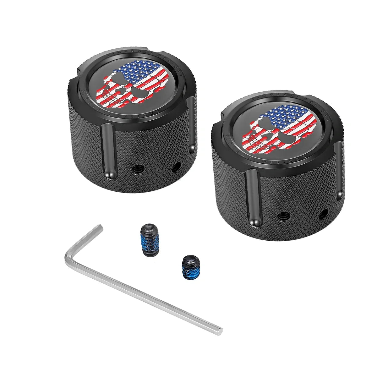Harley-Davidson Stainless-Steel in Black Custom Front Axle Nut Covers Red White and Blue American Flag Skull